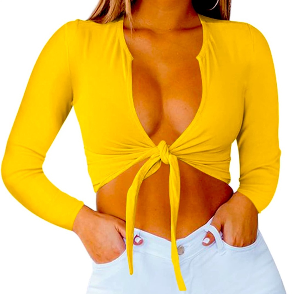 Yellow tie front crop top.